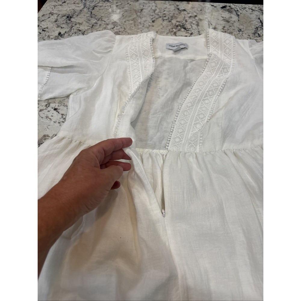 Sabina Musayev White Pom-Pom Crochet Trim Ruffle Tiered Mini Dress V-Neck Size L - Picture 15 of 16